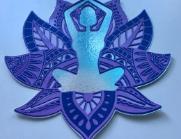 purple, blue and silver image of a woman sitting in a mandala lotus flower